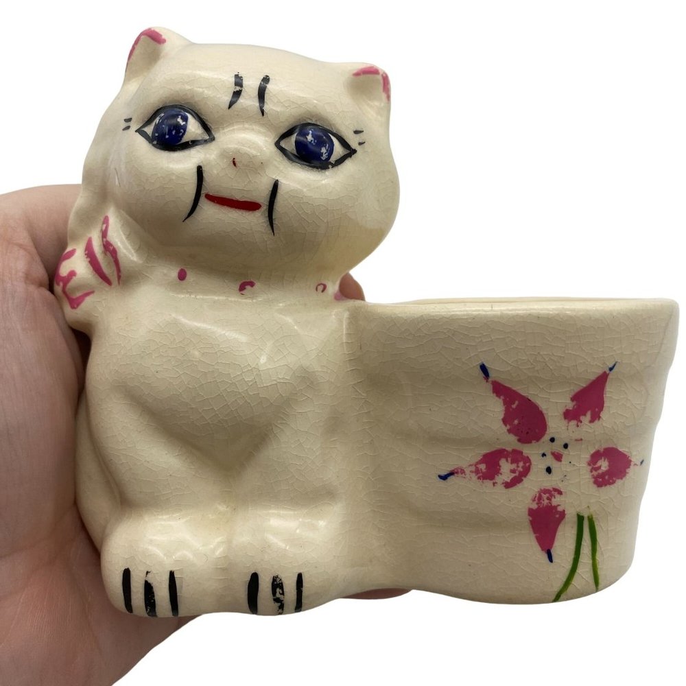 Vintage cat ceramic succulent planter hand‎ painted kitty